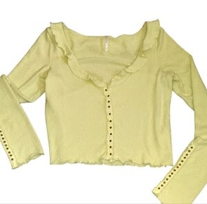 Free People Henley Slub Knit Top Yellow Ruffle Button Shirt Spring Y2K Small